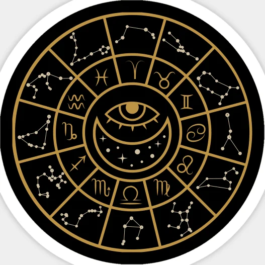 Astrologisch wiel van eyuna Een zwarte cirkel met gouden sterrenbeelden en een oog in het midden.